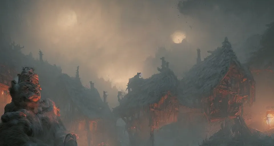 Prompt: one single big giant ogre troll. attacks wooden village houses. Destruction dust and fog. Atmospheric beautiful by Eddie mendoza and Craig Mullins. volumetric lights