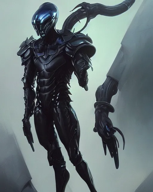 Image similar to character concept of iridescent sinewy smooth muscular male sleek glossy indigo black pearlescent liquid metal scifi armor with smooth black featureless helmet, by greg rutkowski, mark brookes, jim burns, tom bagshaw, magali villeneuve, trending on artstation