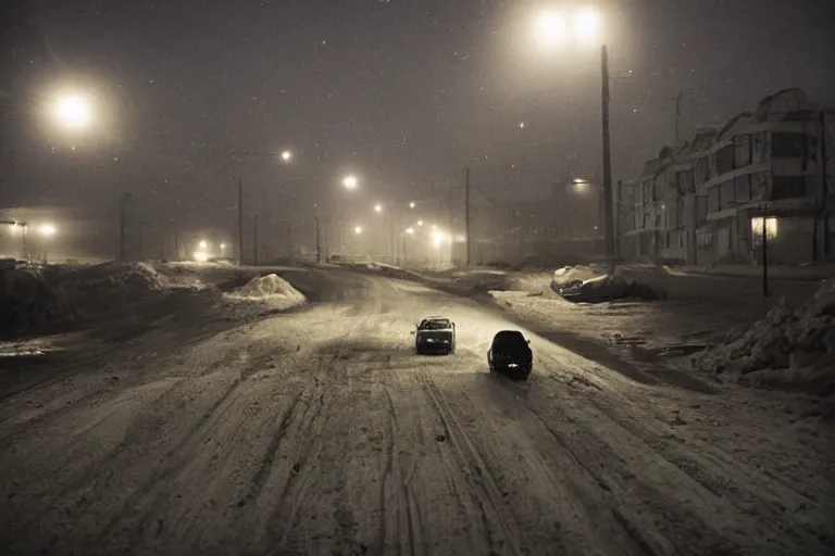 Image similar to an emty street of a city on the Moon called Noviy Norilsk, with a car at night with only by one street light, photo by Gregory Crewdson,