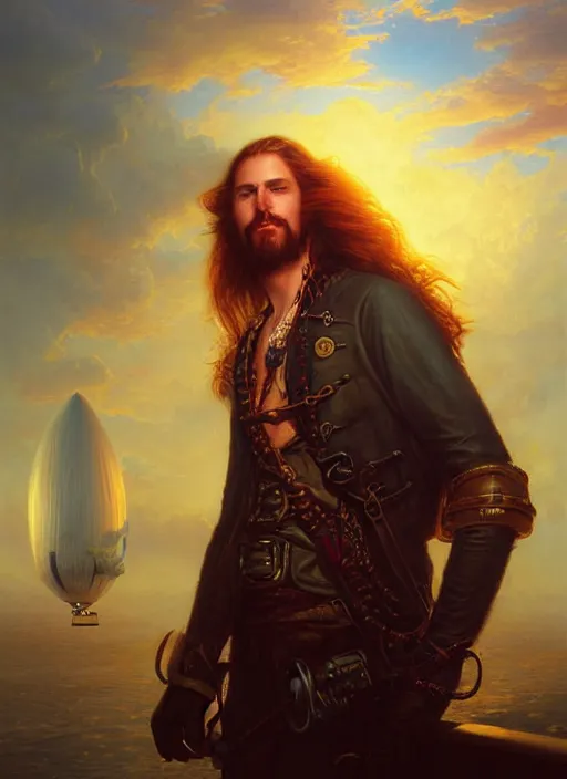 Prompt: portrait painting of a handsome face rugged long hair crimson hair male pirate, top half portrait soft hair steampunk ornate zeppelin blimp airship in the background sky sunset golden hour fantasy soft hair deviantart book cover art dramatic volumetric lighting art by wlop greg rutkowski gaston bussiere