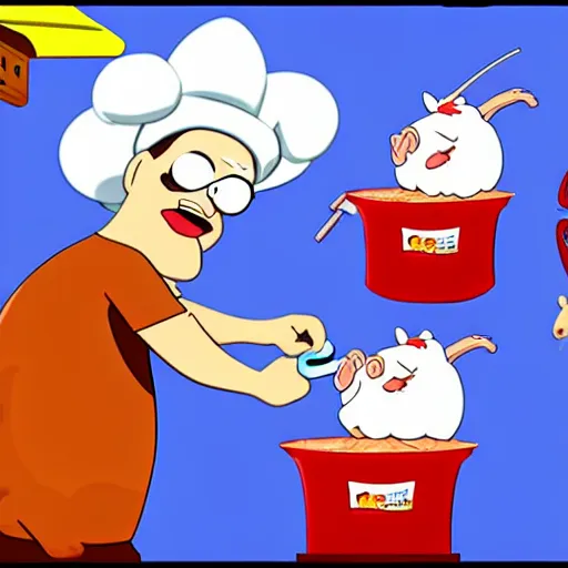 Prompt: cartoon characters, rick and porky cooking a brisket, cell animation