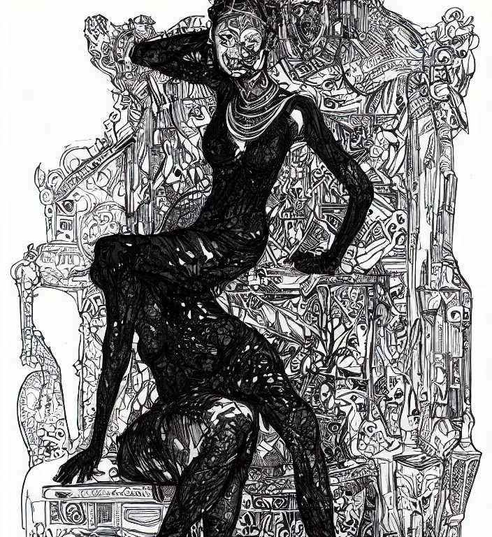 Image similar to salome full figure sitting on throne sketchbook ink drawing by james jean very detailed high contrast