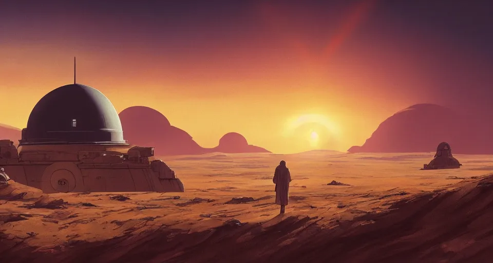 Image similar to beautiful wide shot tatooine landscape, Luke skywalker sunset, dome, Star Wars a new hope 1977, studio ghibli, Miyazaki, Greg rutkowski, Alphonse mucha, Moebius , animation, golden hour, highly detailed, hdr, vivid color, 70mm