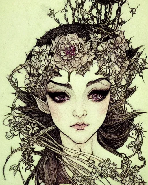 Image similar to burlesque elf, flowers in hair, fantasy character portrait, ultra realistic, concept art, intricate details, art nouveau, japanese woodblock, cinematic, highly detailed by arthur rackham