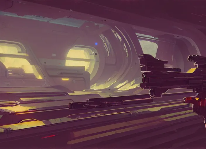 Image similar to futuristic gun on while background, style of robert mccall, syd mead, tyler edlin, wes anderson, greg rutkowski