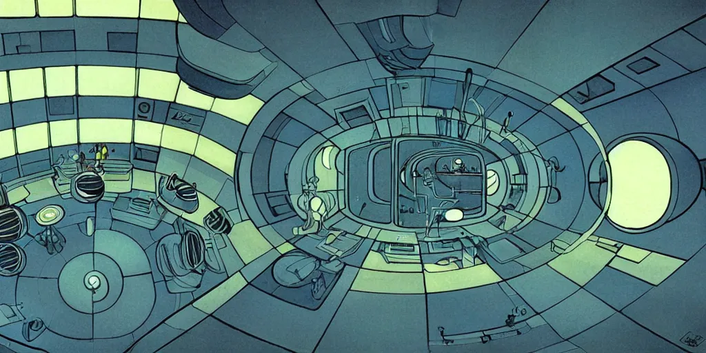 Image similar to a sci-fi illustration, modernist interior, seen from above in FANTASTIC PLANET La planète sauvage animation by René Laloux, line brush