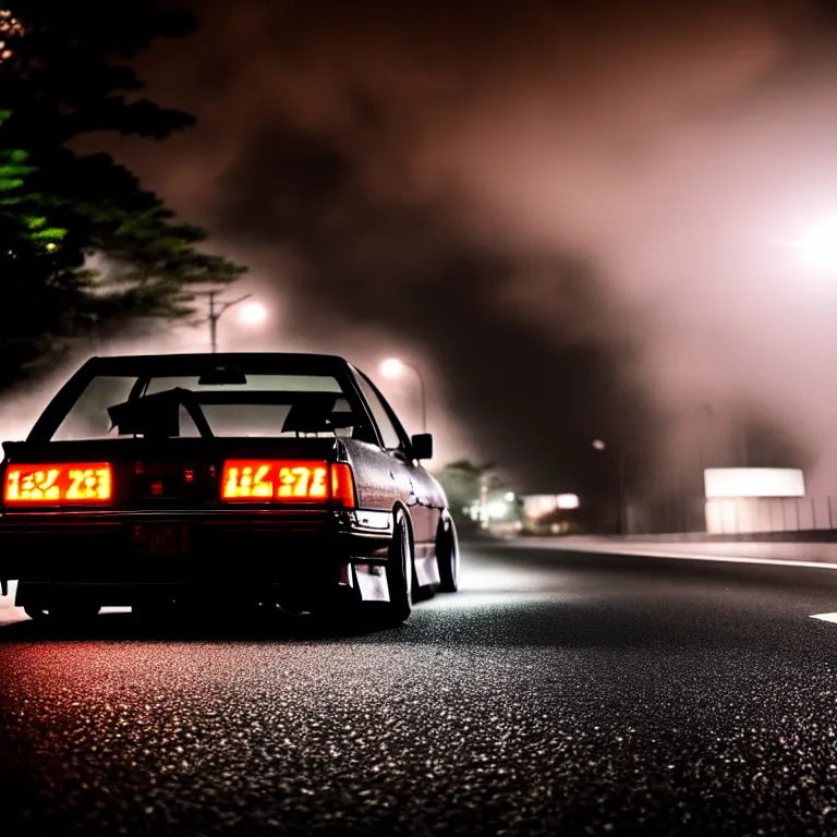 Image similar to close-up-photo JZX90 twin turbo drift middle of empty street, misty kanagawa prefecture, night, cinematic color, photorealistic, highly detailed,