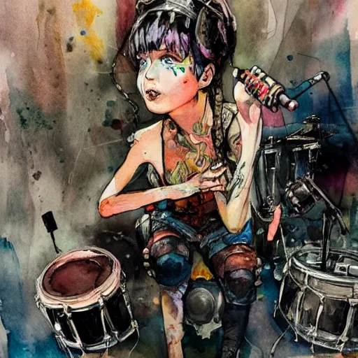 Prompt: Octopus girl playing R&R drum kit in the spotlight with rock band concert, cyberpunk, realistic, detailed, Industrial Scifi, paint, watercolor, in the style of Ashley Wood and Wadim Kashin