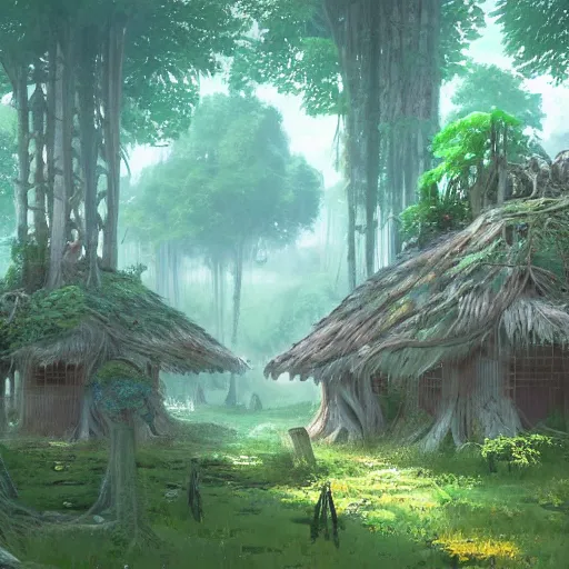 Prompt: concept art painting of a forest with treehouses made of trees and roots, doors and windows inside trees, vines, deep forest, realistic, detailed, cel shaded, in the style of makoto shinkai and greg rutkowski and james gurney