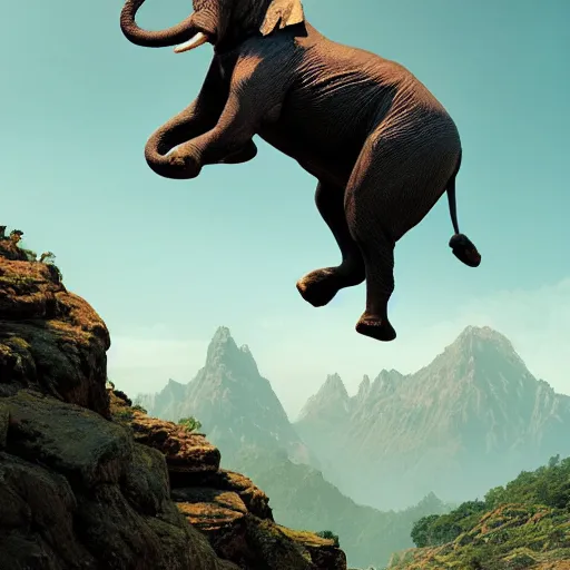 Prompt: ( dog ) jumps from mountain, ( dog ) elephant!, intricate, epic lighting, cinematic composition, hyper realistic, 8 k resolution, unreal engine 5, by artgerm, tooth wu, dan mumford, beeple, wlop, rossdraws, james jean, marc simonetti, artstation