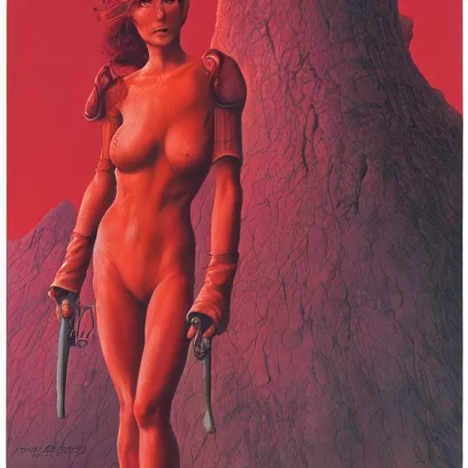 Prompt: red coated woman in an adventure, by wayne barlowe