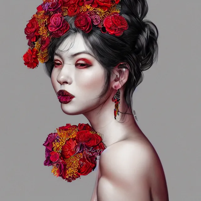 Prompt: studio portrait absurdly beautiful, elegant, graceful, young hypercolorful contrast latina gravure idol rubies and red petals, ultrafine hyperrealistic detailed face illustration by kim jung gi, irakli nadar, intricate linework, sharp focus, bright colors, matte, octopath traveler, final fantasy, unreal engine highly rendered, global illumination, radiant light, intricate environment