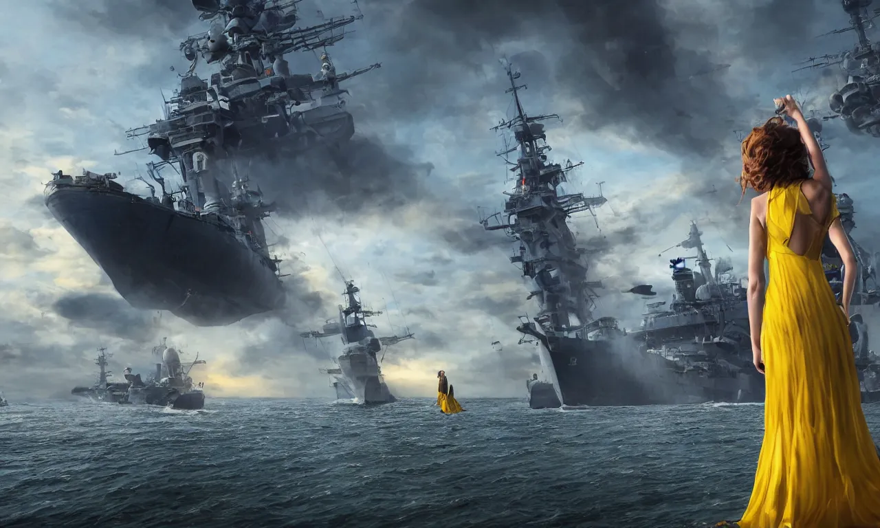 Image similar to cinematic shot from behind of a beautiful girl in national blue and yellow dress with beautiful hair standing against and facing a huge realistic detailed Russian warship on the horizon. She is ready to fight. Ukrainian flag on the left side, concept art, сinematic lighting, insanely detailed, smooth, sharp focus, Artstation, 8k, unreal engine, hyper realistic, steampunk style, bright background, moonlight, volumetric lighting, wallpaper, digital illustration by Ruan Jia and Mandy Jurgens and Artgerm and Wayne Barlowe and Greg Rutkowski and Zdislav Beksinski