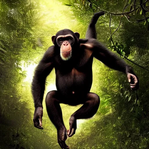 Image similar to Angry Chimpanzee Jumping, Epic Jump, Cinematic Photo, Cinematic Shot, Jungle, Foliage Boris Vallejo, Epic, 8k resolution, ArtStation, Hyperrealistic