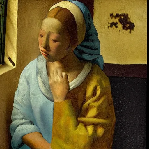 Prompt: a perfect painting, intricated detailed painting in the style of Johannes Vermeer, of a dream that I dreamt that we left all the pain and sorrows behind. We looked into our eyes as we placed our hands on each other’s chest, and all the love and happiness that had been dampened by our wounds emerged like a sprout. It felt like home. Our bodies were covered by soothing colors. Blue, violet, pink and white rays of light caressed our hearts, and suddenly, we were one. It was always meant to be that way, even though our heads tried to fool us in the past. We were one. ethereal lights, details, smooth, sharp focus, illustration, realistic, cinematic, artstation, award winning, rgb , unreal engine, octane render, cinematic light, macro, depth of field, blur, red light and clouds from the back, highly detailed epic cinematic concept art CG render made in Maya, Blender and Photoshop, octane render, excellent composition, dynamic dramatic cinematic lighting, aesthetic, very inspirational, arthouse.