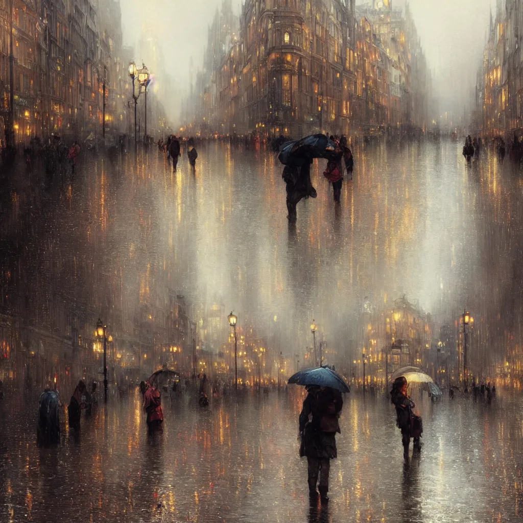 Prompt: a beautifull intricate city, wet sidewalk, people, reflections, raindrops, high details, art by william turner, by greg rutkowski and by alphonse mucha, trending on artstation, extremely detailed, masterpiece