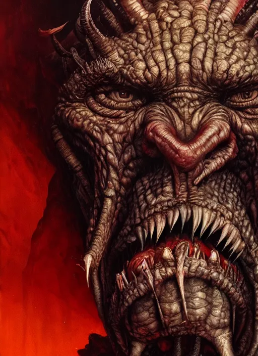 Prompt: close up portrait of an evil monster with bad smell in the mountains of hell, oil painting by tomasz jedruszek, cinematic lighting, pen and ink, intricate line, hd, 4 k, million of likes, trending on artstation