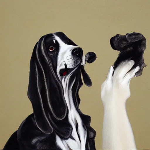 Image similar to Snoop Dogg is smelling a dog, rococo painting, smooth, sharp focus,, pixiv, ultra highly detailed