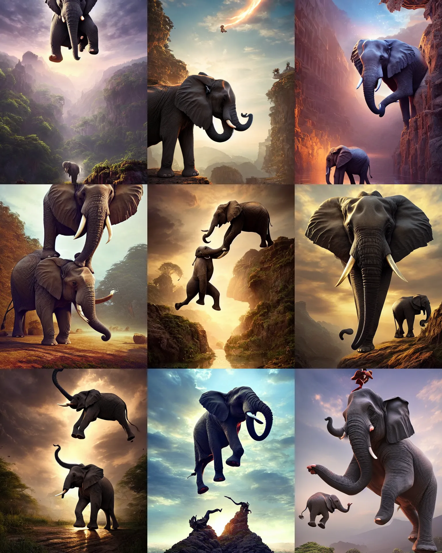 Prompt: elephant jumping, single elephant, fantasy, intricate, epic lighting, cinematic composition, hyper realistic, 8 k resolution, unreal engine 5, by artgerm, tooth wu, dan mumford, beeple, wlop, rossdraws, james jean, marc simonetti, artstation