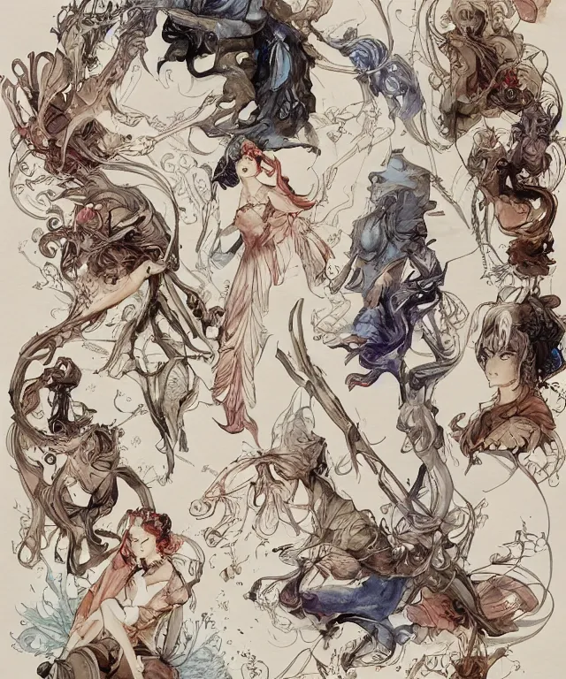 Prompt: 1700s lithograph page color pen and ink and pencil sketch character concept design game asset of sketches watercolor of Art Nouveau borders and designs by Stanley Artgerm Lau, WLOP, Rossdraws, James Jean, Andrei Riabovitchev, Marc Simonetti, and Sakimichan, tranding on artstation , assets, character design, tending on pinterest, trending on cgtalk, trending on concept art, trending on character design