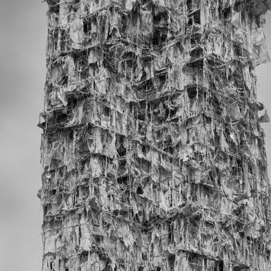 Prompt: close - up view of a large tower made up of suspended makeshift squatters, faded colours, neutral sky, soft light, hasselblad x 1 d, very detailed, ultra sharp, photographed by ansel adams