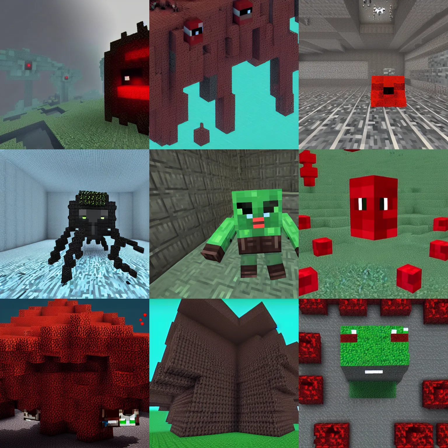 Prompt: a new hostile Minecraft mob only found in the deepest depths of the world, it is colossal in size and terrifying to behold with eight finds and big red eyes, rtx, Minecraft, monster, underwater depths