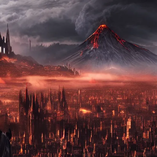 Prompt: mordor as a bustling city, highly detailed, sharp focus, skyline, vast, atmospheric, movie still, gothic, lord of the rings, mount doom, 4 k, fantasy