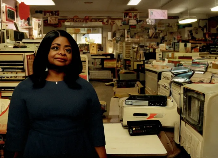 Image similar to cinematic shot of octavia spencer in an small used electronics store next to an old electronic keyboard, iconic scene from the paranoid thriller sci fi film directed by stanley kubrick, anamorphic cinematography, beautiful composition, color theory, leading lines, photorealistic, volumetric lighting