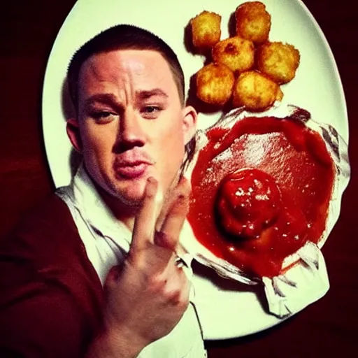 Image similar to channing tatum's face as tater tot on a plate with ketchup