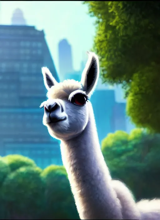 Prompt: a wholesome animation key shot of a llama, close - up, new york zoo in the background, studio ghibli, pixar and disney animation, sharp, rendered in unreal engine 5, anime key art by greg rutkowski, bloom, dramatic lighting