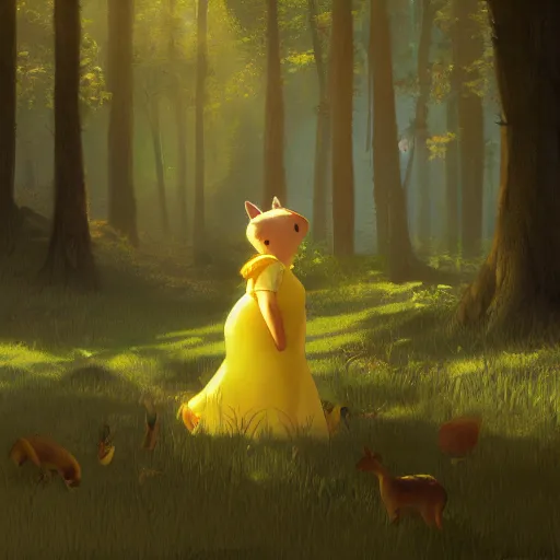 Image similar to concept art painting of an anthropomorphic chubby doe wearing yellow dress, in the deep forest, realistic, detailed, cel shaded, in the style of makoto shinkai and greg rutkowski and james gurney