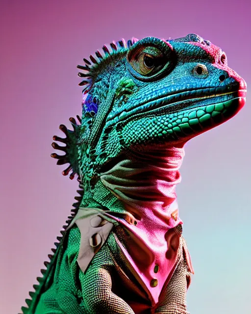 Prompt: natural light, soft focus portrait of a cyberpunk anthropomorphic iguana with soft synthetic pink skin, blue bioluminescent plastics, smooth shiny metal, elaborate ornate head piece, piercings, skin textures, by annie leibovitz, paul lehr