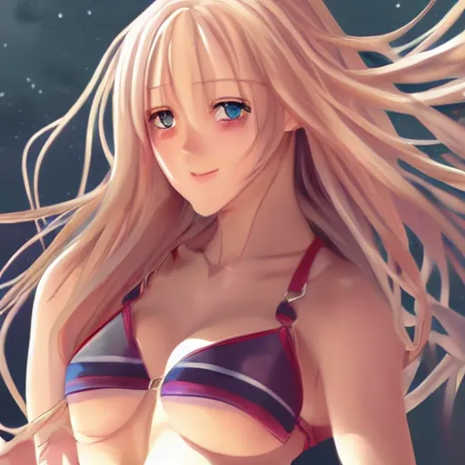 Image similar to a very beautiful mature yuuki asuna, full body, long wavy blond hair, sky blue eyes, full round face, bikini, miniskirt, front view, mid - shot, highly detailed, cinematic wallpaper by stanley artgerm lau