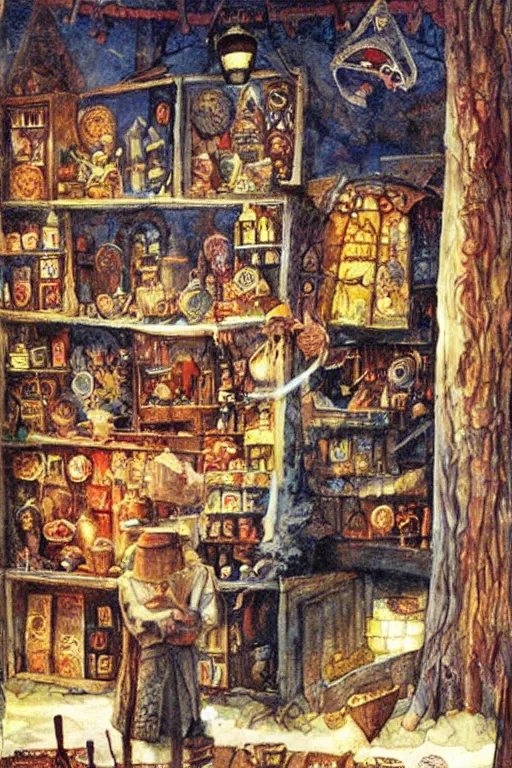 Prompt: a magic shop, by jerry pinkney