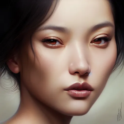 Prompt: portrait of a beautiful woman, square-faced, sand-colored skin, harried bun of black hair, korean, soft details, dark brown eyes, matte painting oil on canvas by mark arian by artgerm, trending on artstation, 4k, 8k, HD