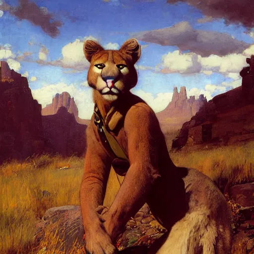 Image similar to wild west portrait of furry anthro anthropomorphic mountain lion head animal person fursona wearing clothes in the valley, sunny day, digital art by Nerdrum John, William Waterhouse, Winslow Homer, Alex Heywood, Jordan Grimmer, Darren Quach, Greg Rutkowski, Simon Stalenhag, trending on Artstation, CGSociety