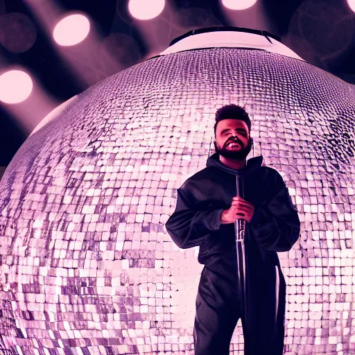 Image similar to the weeknd inside a huge disco ball, wearing black jumpsuit and holding a microphone, hyper detailed, realistic, octane render, sharpness