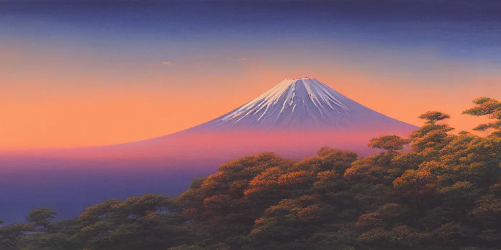 Prompt: Mount Fuji, cinematic angle, studio Ghibli, cinematic lighting, detailed oil painting, hyperrealistic, 8k