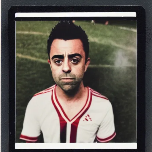 Prompt: polaroid picture of xavi hernandez smelling grass in his bathroom to not be seen by anyone