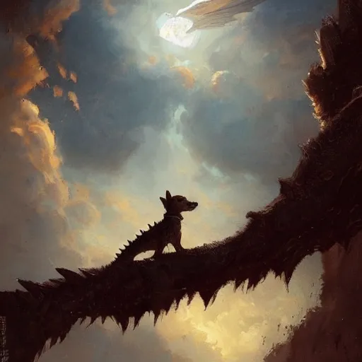 Image similar to the side view of the head of a dog, a little terrier, looking up a huge dragon flying overhead, beautiful fantasy painting by greg rutkowski