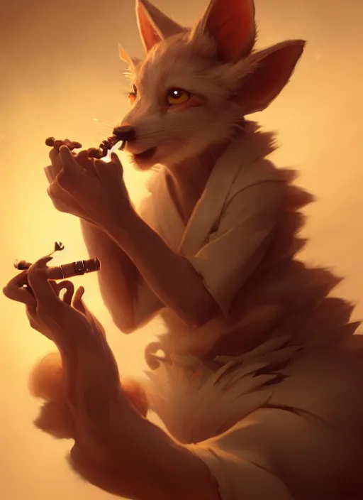 Image similar to cute kitsune smoking a pipe, subsurface scattering, by jesper ejsing, justin gerard, tomasz alen kopera, cgsociety and fenghua zhong, highly detailed, rim light, cinematic lighting, illustration, art, octane render, very coherent, cinematic, hyper realism, high detail, octane render, 8 k