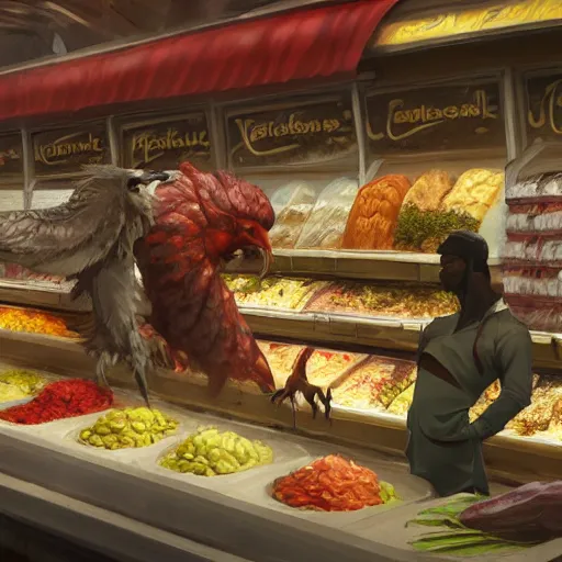 Prompt: digital painting of a super market deli shopping elegant but deadly chicogriff, griffin chicogriff hybrid monster, by Greg Rutkowski, magic the gathering concept art, trending on artstation, 4k resolution, ((in a super market Costco))