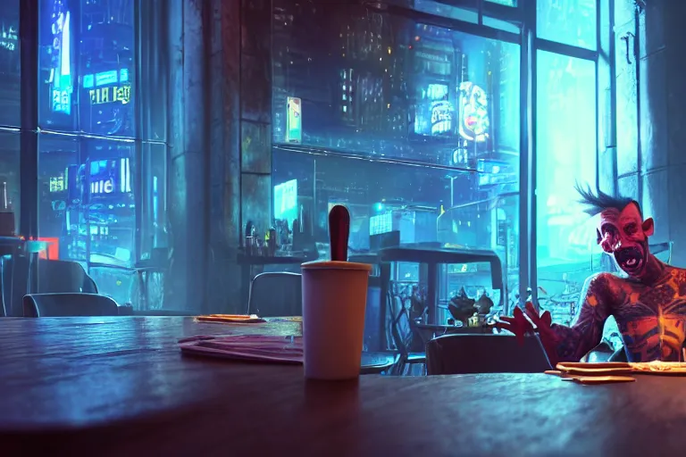 Image similar to a bored male goblin punk sitting alone at a table in a cafe in a cyberpunk city, close up shot, sharp focus, shallow depth of field, highly detailed face, 8k, unreal engine 5, cinematic lighting, vivid elegant fantasy concept art, character art, cold blue neon atmosphere, artstation, deep complimentary colors, volumetric lighting, photorealistic, hyperdetailed 3D matte painting, hyperrealism, hyperrealistic masterpiece