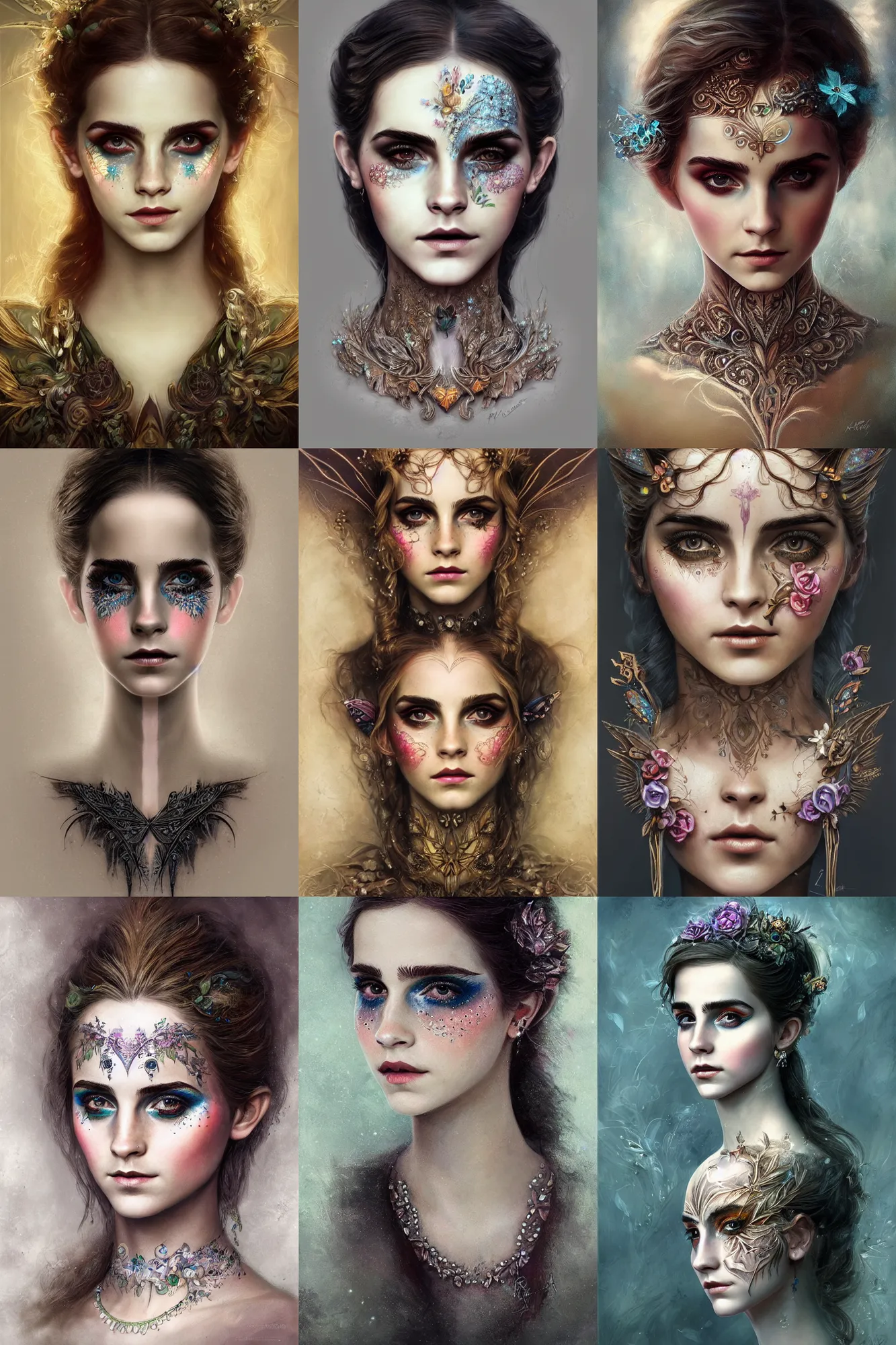 Prompt: portrait of a fairy, symmetric, facepaint facepaint facepaint, intricate jewelry, trending on artstation 4 k, in the style of karol bak and tom bagshaw, bust with face of emma watson