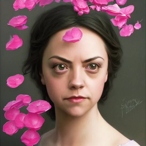 Image similar to pink petals with a ahape of a wonderful aubrey plaza and christina ricci, intricate, elegant, highly detailed, wonderful eyes, sweet, digital painting, artstation, concept art, smooth, sharp focus, illustration, art by artgerm and greg rutkowski and alphonse mucha and william - adolphe bouguereau