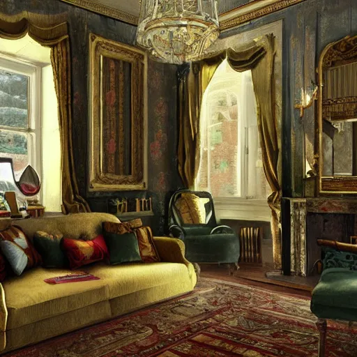 Image similar to interior of a living room, victorian style, photorealist, 4 k