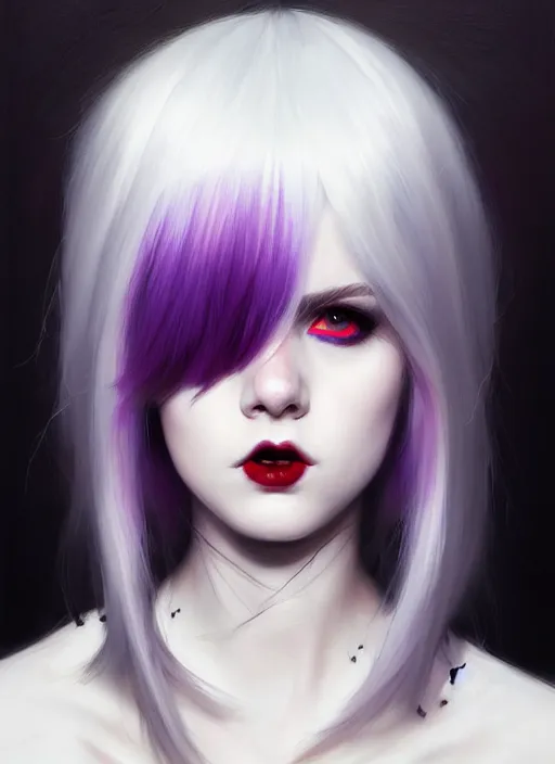 Image similar to portrait of white teenage girl, normal face, white bangs, mall goth, cyberlox, black and white hair, bangs, fluffy bangs, red contact lenses, purple lipstick, intricate, elegant, highly detailed, digital painting, artstation, concept art, sharp focus, smooth, illustration, art by wlop, mars ravelo and greg rutkowski