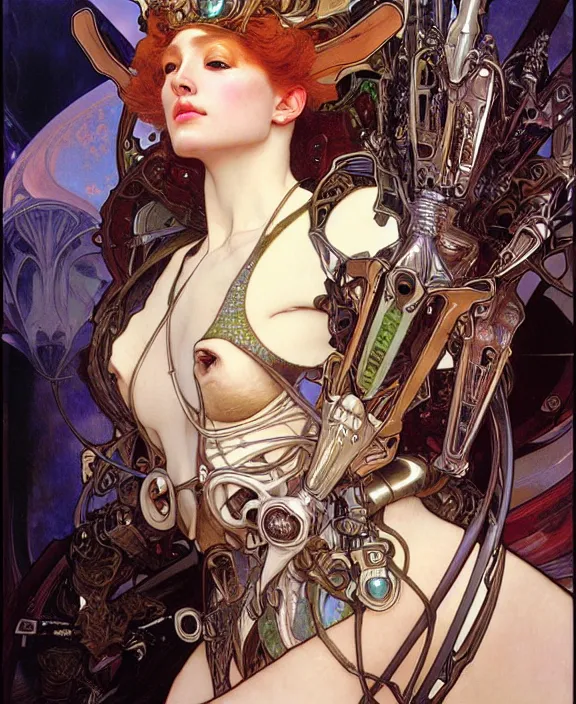 Prompt: realistic detailed face portrait of a beautiful futuristic italian renaissance queen in alien cyberpunk armor by alphonse mucha, ayami kojima, amano, greg hildebrandt, and mark brooks, female, feminine, art nouveau, italian renaissance cyberpunk, venetian glass, neo - gothic, gothic, character concept design