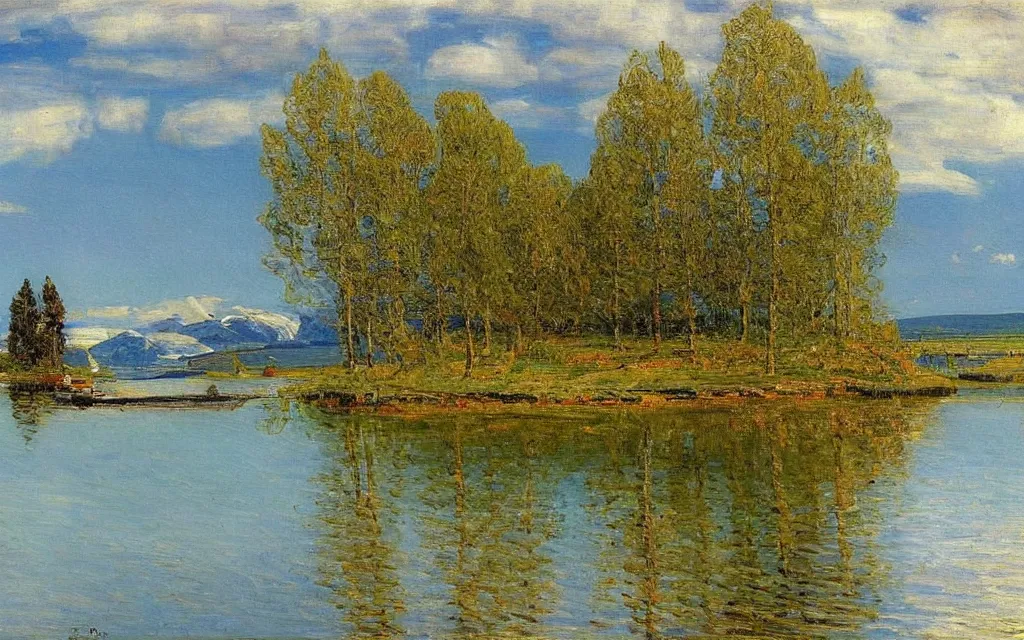 Prompt: a painting of large lake in norway, spring, oil on canvas, by peder severin kroyer