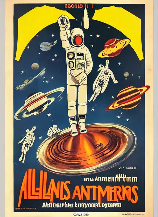 Image similar to vintage movie poster with aliens, astronauts, flying saucers and planets, occult alien symbols